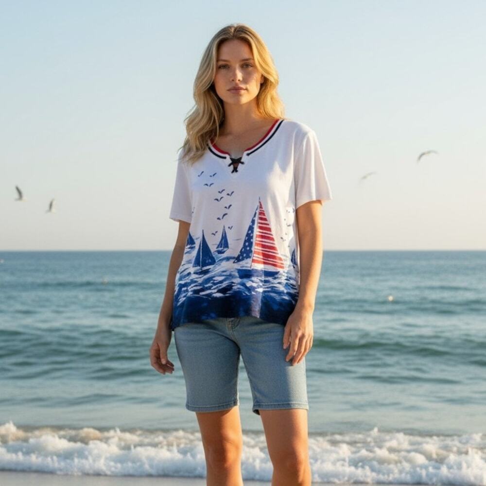 Alfred Dunner White Sailboats‎ Shirt Sz L